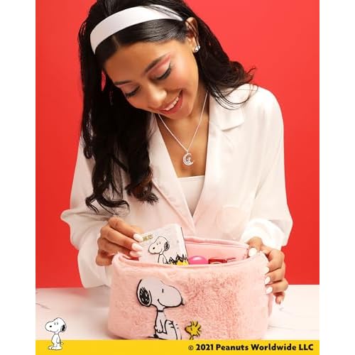 SALLY ROSE Peanuts Snoopy Pink Make Up Bag Official License, Plush Woodstock and Snoopy Cosmetic Bag, Mother's Day Gifts