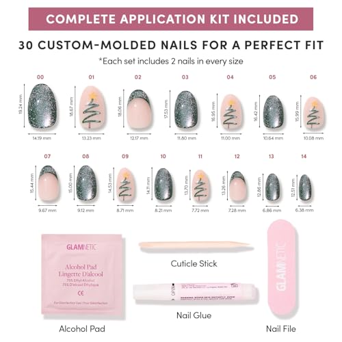 Glamnetic Press-On Nails Bundle - Velvet Pine & Fiery Red | Deep Green Short Oval Fake Nails with French Tips, Tree Designs & Velvet Finish | right Red Short Almond False Nails | Durable, Salon-Qualit
