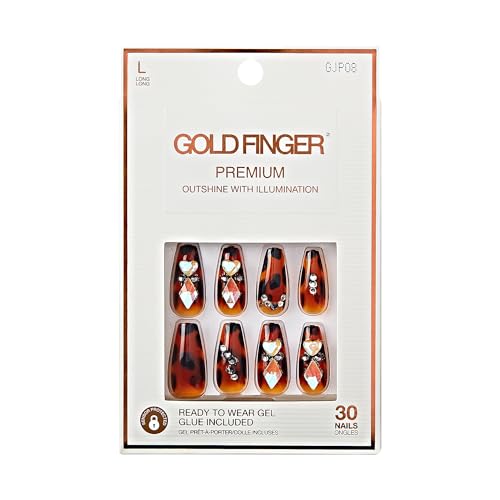 GoldFinger Premium Luxury False Nails Kit, Ready to Wear Leopard Nails, Manicure Stick and Glue Included, Long Coffin Shape with 3D Rhinestones, Long-Lasting Hottest Trend Glue on Nails