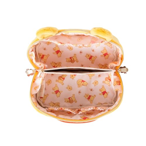 Impressions Vanity Winnie The Pooh Unfold Travel Makeup Bag with Embroidered Face Details, Middle Zipper Divider and Lined Interior, Gold Hardware Makeup Organizer, Travel Bag with Leather Top Handle