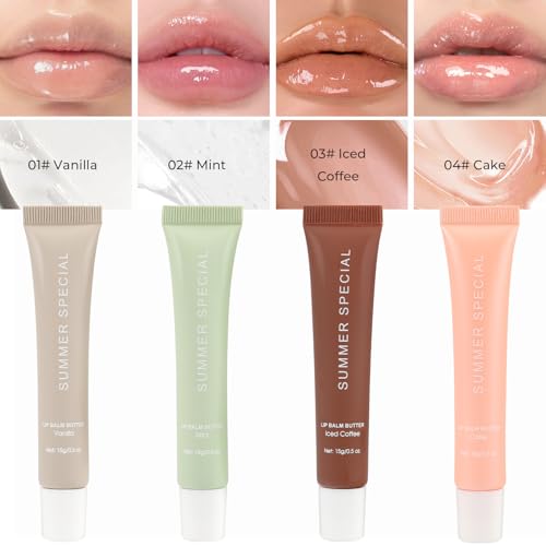 4PCS Summer Butter Lip Balm, Hydrating & Moisturizing & Non-Greasy Long-lasting Nourishing Glossy Sheer Tinted Lip Balm with Natural Oils & Fruit Extracts, Softens & Soothes Dry Lips (01#+02#+03#+04#)