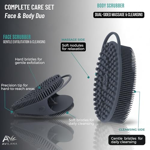 Avilana Premium Body Scrubber and Face Brush Set - Trusted Since 2017 - SGS Certified Silicone 2-in-1 Shower Kit, Dual Sided Gentle Exfoliating Loofah Alternative Sensitive Skin Women Men Gift