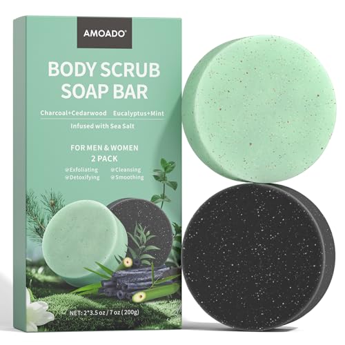 Exfoliating Body Scrub Soap Bar, 2 Pack Eucalyptus & Charcoal Soaps, Dead Sea-Salt Exfoliating Soap for Men & Women, Detox Cleansing, Smooth & Soften Skin