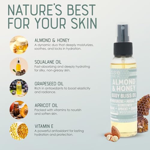 Rinse Bath & Body Almond & Honey Body Oil Moisturizer Spray - Natural Lightweight Fast Absorbing with Squalane, Grapeseed, Apricot & Vitamin E Oil for All Skin Types, 4 fl oz