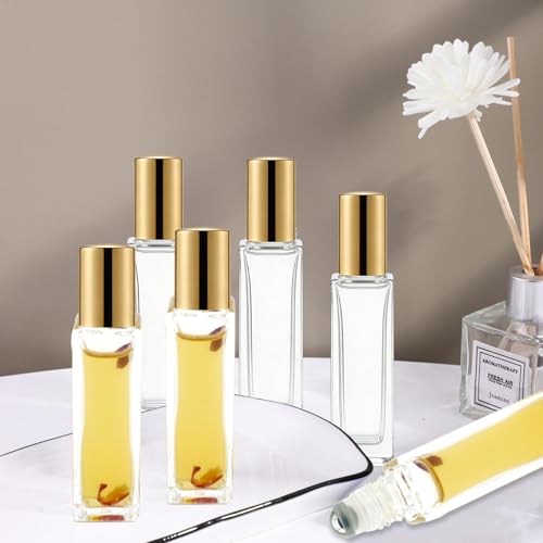 25 Pcs 10 ml Roller Bottles for Essential Oils, Square Thick Empty Glass Roller Bottles with Stainless Steel Roller Balls Protection Leakproof with 2 Funnel for Travel, Gold
