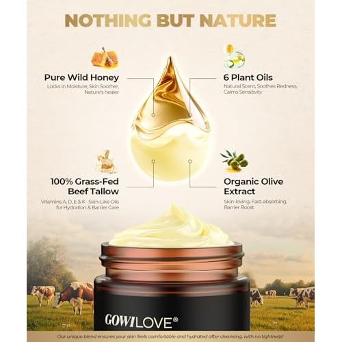 12Hr Moisture Lock Beef Tallow for Skin Care, Instant Redness Eraser Tallow and Honey Balm with 6 Botanical Rescue, Dewy Not Oily Face Cream Moisturizer Gift for Women Eczema Rosacea 3.04 Oz