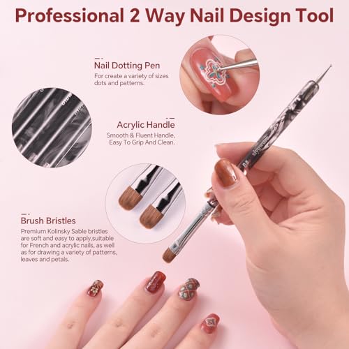 6Pcs Kolinsky Sable Nail Brush French Nail Brush 2 Way Professional UV Gel Acrylic Nail Art Brush with Dotting Tool for French Manicure Cuticle Clean Up Nail Art Design Pen (Set)