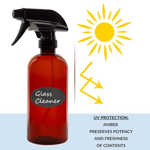 Cornucopia Brands 16oz Amber PLASTIC Spray Bottles w/Heavy Duty Mist & Stream Sprayers & Chalkboard Labels (6-pack); PET #1 Plastic Bottles, BPA-Free