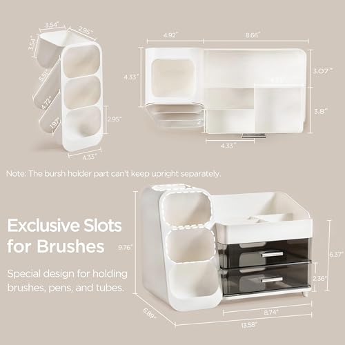HBlife Makeup Organizer with Brush Holder for Vanity, Large Plastic Bathroom Countertop Organizer Skin Care Storage, Easy to Store Lipsticks, Nail Polishes, Perfumes, Eyeshadow Palettes, White
