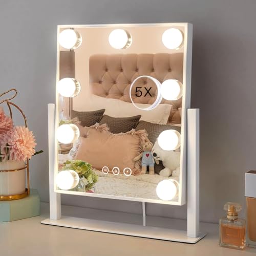 HIEEY Hollywood Vanity Mirror with Lights, Makeup 9 Dimmable Bulbs Three Color Lighting Modes, and 5X Magnification Mirror, Smart Touch Control, 360¡ÆRotation (White)