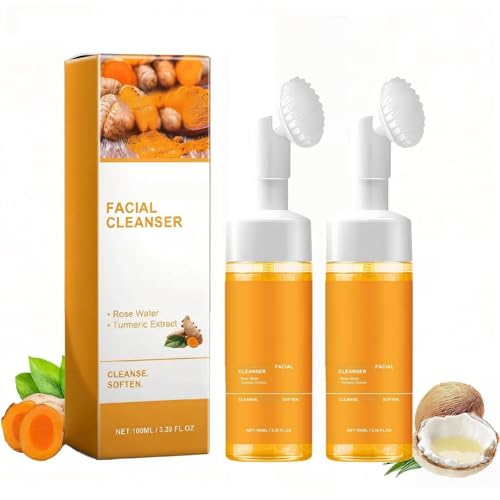 2 Pcs Turmeric Facial Cleanser, Deep Cleansing Brightening Exfoliating Turmeric Foaming Face Glow Wash with Brush for All Skin