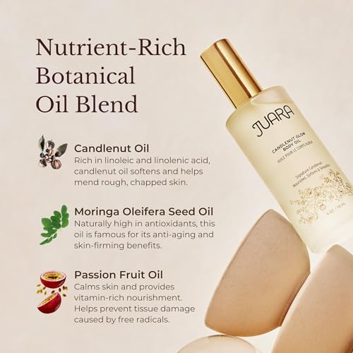 Juara Candlenut Glow Body Oil - Lightweight Dry Oil with Coconut & Moringa - Hydrating Body Moisturizer for Dewy Luminous Skin - Fast Absorbing Non-Greasy Formula - Natural Botanical Blend
