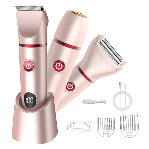 Bikini Trimmer for Women- 3 in 1 Painless Electric Razors for Women,Waterproof Pubic Hair Trimmer and Facial Hair Remover,LCD Display Body Shaver for Trip,Rechargeable Women's Grooming Kit