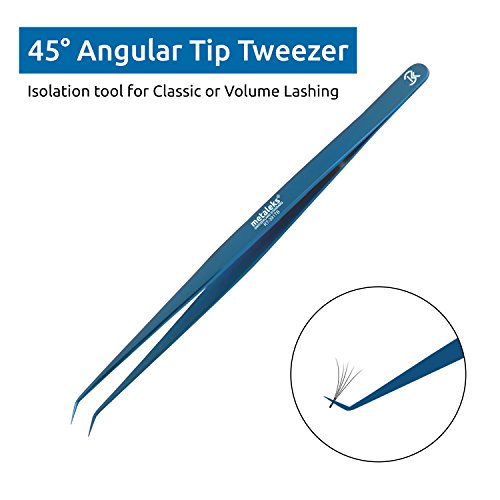 Tweezers for Eyelash Extension Hand Crafted Surgical Stainless Steel 45¡Æ Angular Tip. (Blue Titanium Coated.)