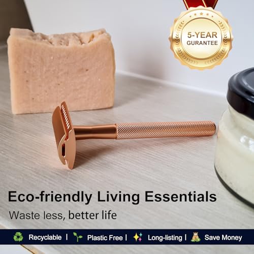 Safety Razor for Women, Reusable Metal Razor, with 10 Double Edge Blades, Smooth Close Gentle Shave, Plastic Free, Rose Gold
