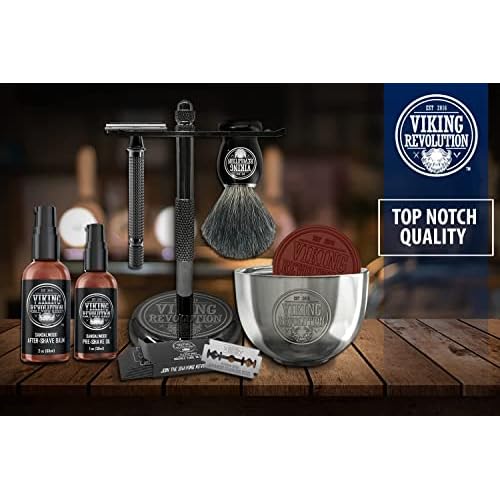 Viking Revolution Luxury Safety Razor Shaving Kit - Includes Double Edge Safety Razor, Stand, Bowl, After-Shave Balm, Pre-Shave Oil, Badger Brush - Safety Razor Kit