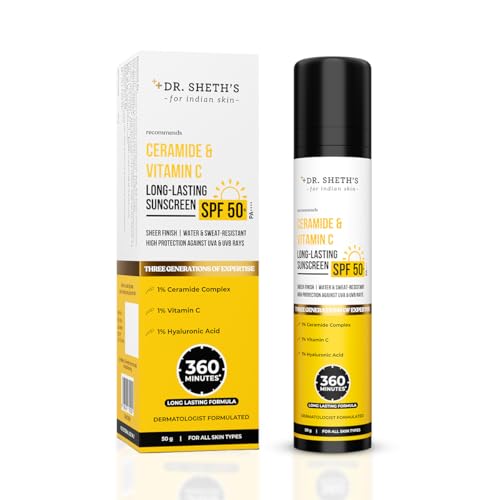 Dr. Sheth's Ceramide & Vitamin C Long lasting Sunscreen SPF 50+ PA++++ | Water & Sweat-Resistant | Non-Greasy & Quick-Absorbing | For Women & Men | 50g