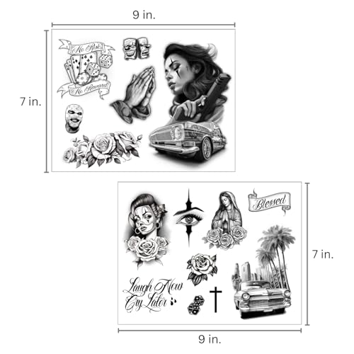 Los Vatos Chicano Vol. II - Cholo Chola Temporary Tattoos For Men Women, Payasa, Lowrider, Virgin Mary, Prayer, Cross, Chicana, Gangster, Fake Tattoo, D?a de Muertos, Tatuajes Temporales