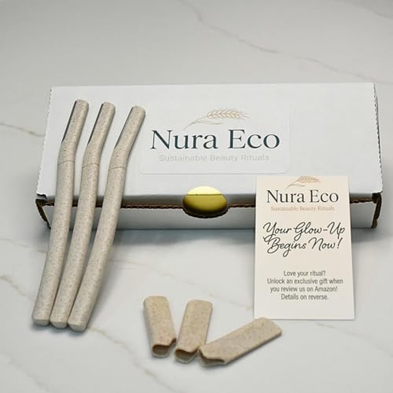 Nura Eco Glass Skin Starter Kit ? Sustainable Wheat Straw Dermaplaning Tool ? Instant Glow & Peach Fuzz Removal ? Includes 3 Precision Razors + Eco Friendly