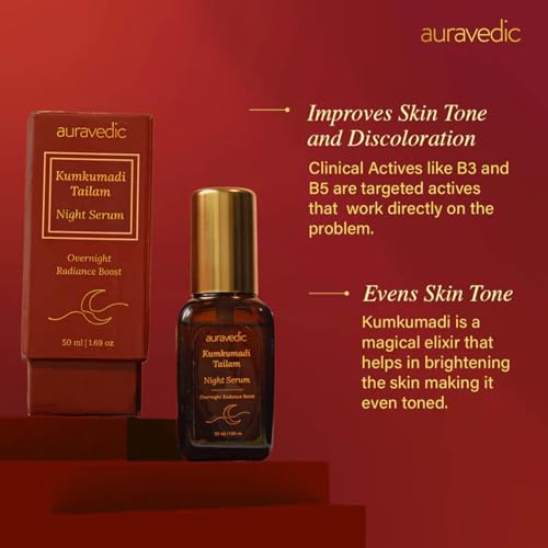 Auravedic Kumkumadi Tailam Night Serum | Ayurvedic Face Oil with Saffron & Vitamin B3 | Plant Based Overnight Moisturizer for Soft, Refreshed Skin | 1.69 Fl Oz (50ml)
