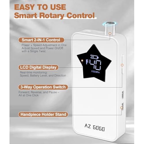 Professional Nail Drill Machine, AZ GOGO 40000RPM Rechargeable Electric Portable Nail Drill for Acrylic Gel Nails, Powerful Pro Efile Coreless Motor Quieter, High Efficiency for Salon or Home DIY