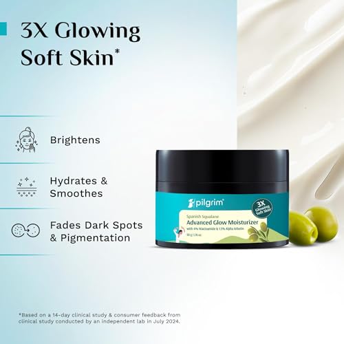 Pilgrim Squalane Glow Face Moisturizer with Vitamin C & Niacinamide | Lightweight Hydrating Daily Face Cream for Radiant Skin | For All Skin Types | 1.76 Oz (50g)