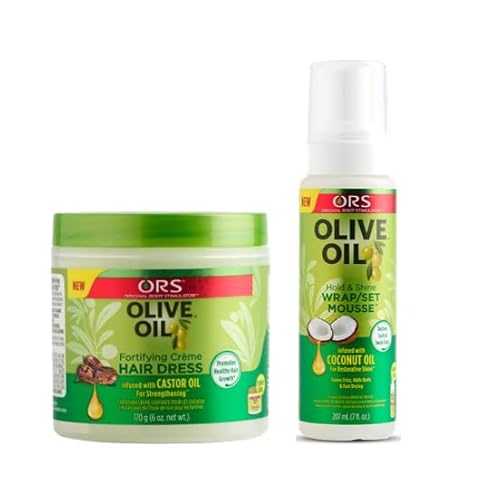 ORS Fortifying Creme Hairdress infused with Castor Oil for Strengthening Olive Oil Hold & Shine Wrap Set Mousse Infused with Coconut Oil for Restorative Shine - Bundle