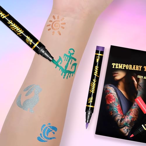 Temporary Tattoo Markers for Skin, 10 Body Markers+70 Tattoo Stencils,Safe Non-Toxic Water-Based Ink, Soft Brush Nib,Temporary Art Drawing, Washable Markers for Face & Body Art, Party Favor