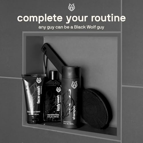 Black Wolf Vibrating Face & Sonic Body Scrubber & Charcoal Powder Body Wash for Men Bundle