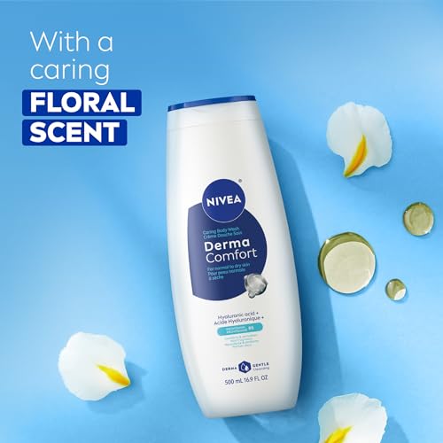 NIVEA Derma Comfort Caring Body Wash for Normal to Dry Skin, Body Wash with Hyaluronic Acid and Provitamin B5, 16.9 Fl Oz Bottle, Pack of 3