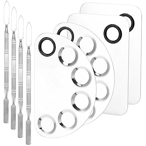JAPCHET 4 Pack Stainless Steel Metal Makeup Mixing Palette, 6¡¿4 Inch Makeup Palette with Spatula Makeup Palette Mixer Tray for Color Mixing and Makeup, Silver