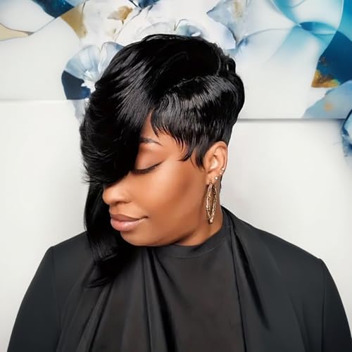 Chic Elegent Pixie Cut Human Hair Wigs for Women Short Layered Pixie Cut Straight Human Hair Wigs With Bangs Natural Black Color Glueless Brazilian Virgin Straight Human Hair Wig (1b)