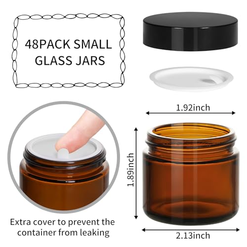 KEYWING 2oz Small Glass Jars with Black Lids, 48 Pack Amber Glass Cosmetic Jars, Round Empty Sample Container with Inner Liners for Lotions, Cream, Powders and Ointments