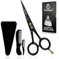 5" Professional Mustache & Beard Scissors With 1 Beard, 1 Mustache Comb & Travel Pouch, Stainless Steel Black Mustache & Beard Trimming Scissors for Men Facial Hair and Grooming.