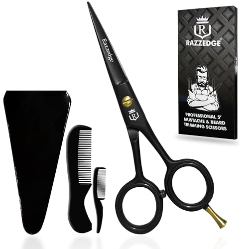 5" Professional Mustache & Beard Scissors With 1 Beard, 1 Mustache Comb & Travel Pouch, Stainless Steel Black Mustache & Beard Trimming Scissors for Men Facial Hair and Grooming.