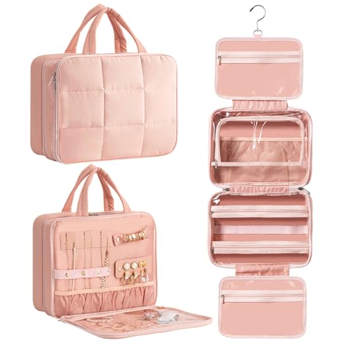 HBlife Travel Toiletry Bag with Jewelry Organizer for Women, Puffy Hanging Travel Bag for Toiletries with Trolley Belt, Waterproof Makeup Cosmetic Bag Organizer, Travel Accessories Essentials(Pink, M)