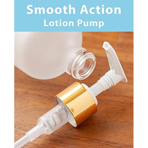 JUVITUS (4 pack) 8 oz Clear Frosted Glass Boston Round Bottle with Gold Lotion Pump