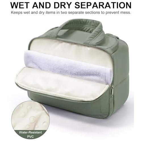 Travel Toiletry Bag for Women, Lightweight Large Quilted Puffy Makeup Bag Wide-open Make up Organizer Cloud Cosmetic Bag w/Handle for Traveling Toiletries Essentials Accessories Sage Green