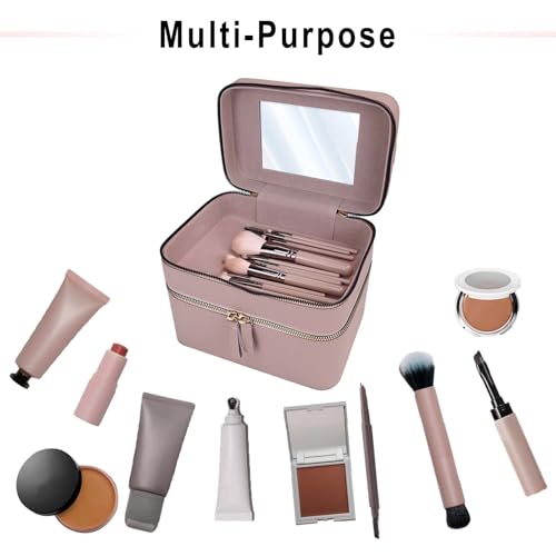 Hard Shell Double Layer Makeup Train Case with Mirror, Large Capacity Travel Cosmetic Organizer, Water-Resistant PU Leather Toiletry Bag for Women