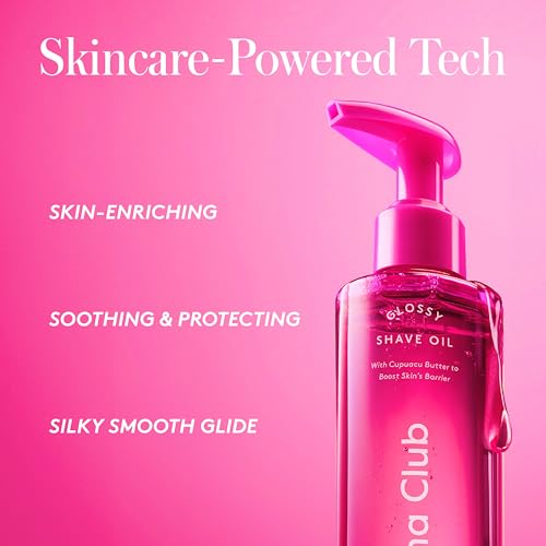 Athena Club Glossy Shave Oil for Women, Hydrating Pre-Shave Oil with Jojoba and Avocado Oils, Smooth Glide for Sensitive Skin, Super Pink Scent, 8 fl oz, Pack of 1 + 4 Razor Blade Refills