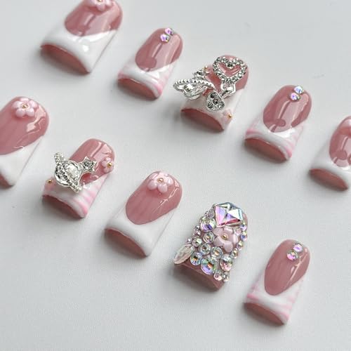 Luxury Press on Nails Short Duck Handmade 3D Unique Reusable ABS Material Fake Nails White French Tip False Nails with Designs Pink Flower Rhinestones Glossy Glue on Nail Thick Acrylic Nail(S)
