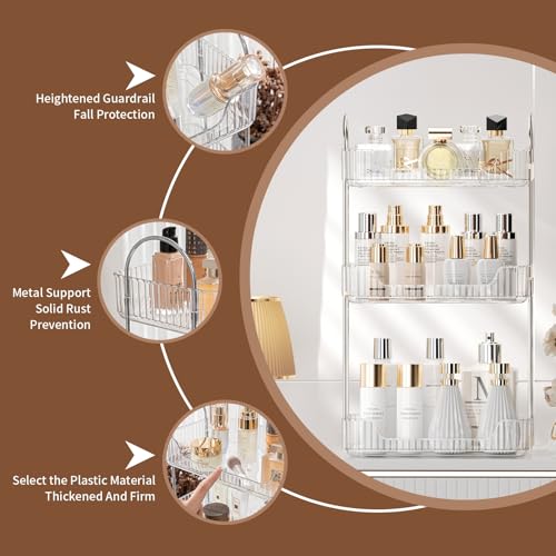 Bathroom Organizer Countertop, Vanity Trays, Skincare Makeup Organizer Shelf, Counter Shelf for Cosmetics, Toiletries, Lotions, Perfumes (3 Tiers, Clear)