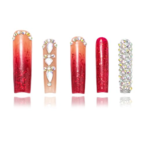 Luxury Ombre Red Glitter Gems Handmade Press On Nails,Long Square Glue On Nails,Glitter Full Covered Gems Charming False Nails For Women And Girls,10Pcs/Set With Glue,(Red-M),FOB