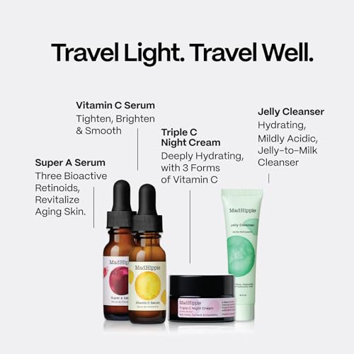 Mad Hippie Travel Essentials ??Vitamin C Serum, Triple C Night Cream, Super A Serum + Jelly Cleanser in a 100% Recycled Toiletries Bag, Cruelty-Free, Skin Care