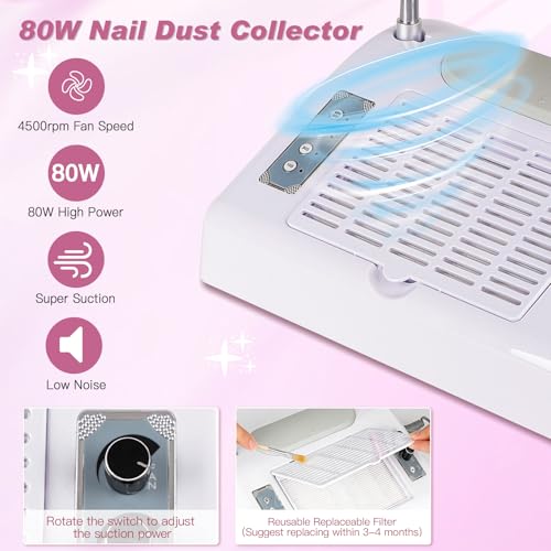 Biutee Nail Dust Collector 5 in 1 80W Nail Vacuum Dust Collector Extractor Professional 30000rpm Electric Nail Drill Machine with 48W/96W UV LED Nail Lamp Nail Art Tool With LED Light