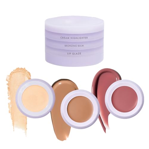 Subtl Beauty 3-in-1 Makeup Stack ? Cream Bronzer, Powder Highlighter & Lip Glaze for On-the-Go Touch Ups ? Lightweight, Travel-Friendly, Blendable Balm (Fair/Biscotti)