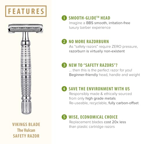 VIKINGS BLADE Double Edge Safety Razor for Men + 5 Swedish Steel Blades + Luxury Case. Long Handle. Smooth, Reusable, Eco-Friendly (The Vulcan)