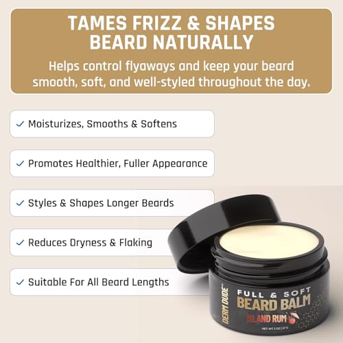 Derm Dude Full and Soft Beard Balm for Men ? Conditioning Balm with Natural Oils for Growth, Softness & Styling ? Tames Frizz, Hydrates Skin ? Non-Greasy - Island Rum, 2oz