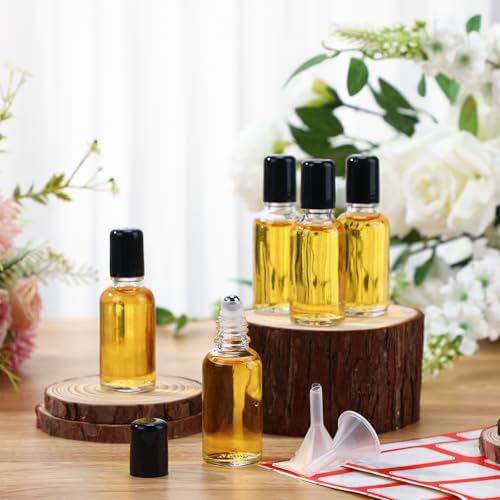 Sumind 24 Sets Clear 30ml Roller Glass Bottle Essential Oil with Stainless Steel Refillable Sample Container Brown Empty Roller Bottle Applicator with Funnel Sticker for Travel