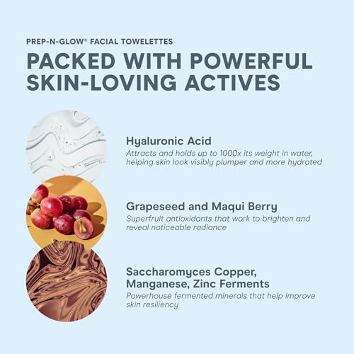 NuFACE Prep-N-Glow Facial Towelettes - 2-in-1 Exfoliating + Cleansing Makeup Remover Wipes, Hyaluronic Acid Travel Face Wipes to Hydrate & Brighten for Glowing Skin - 5 Individually Wrapped Cloths